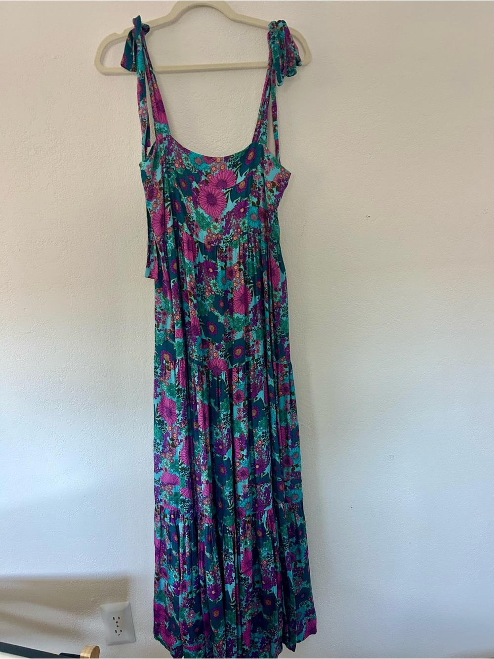 Tie-Shoulder Floral Maxi Dress in Teal and Purple